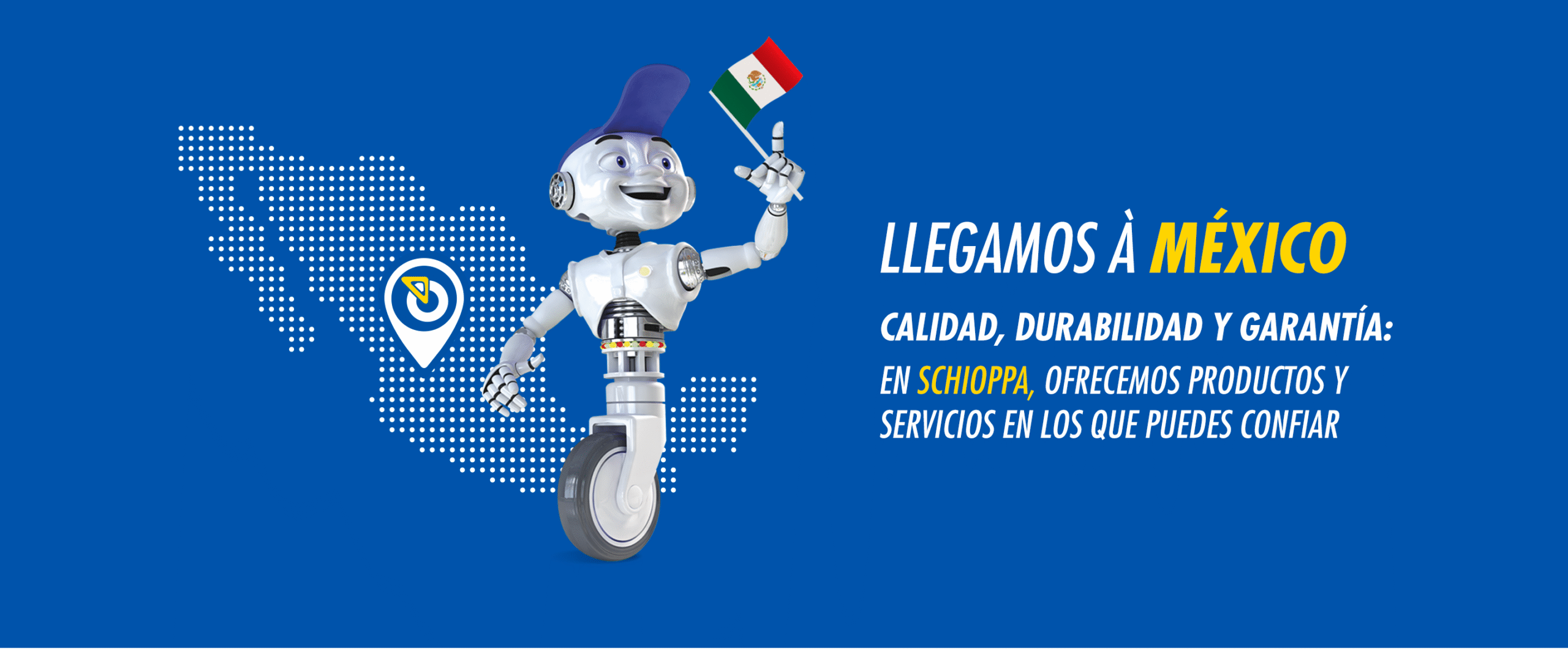 Mascota Schioppa sosteniendo la bandera de México junto a un mapa del país y el texto Llegamos a México